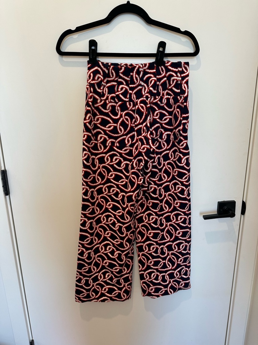 Anthropologie Maeve Navy Pants with Red and White Abstract Chain Print